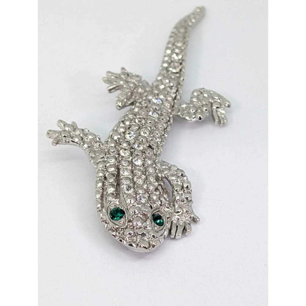 Antique Art Deco 1920-1930's Rhinestone‎ Lizard Brooch Pin Long Green Eyes